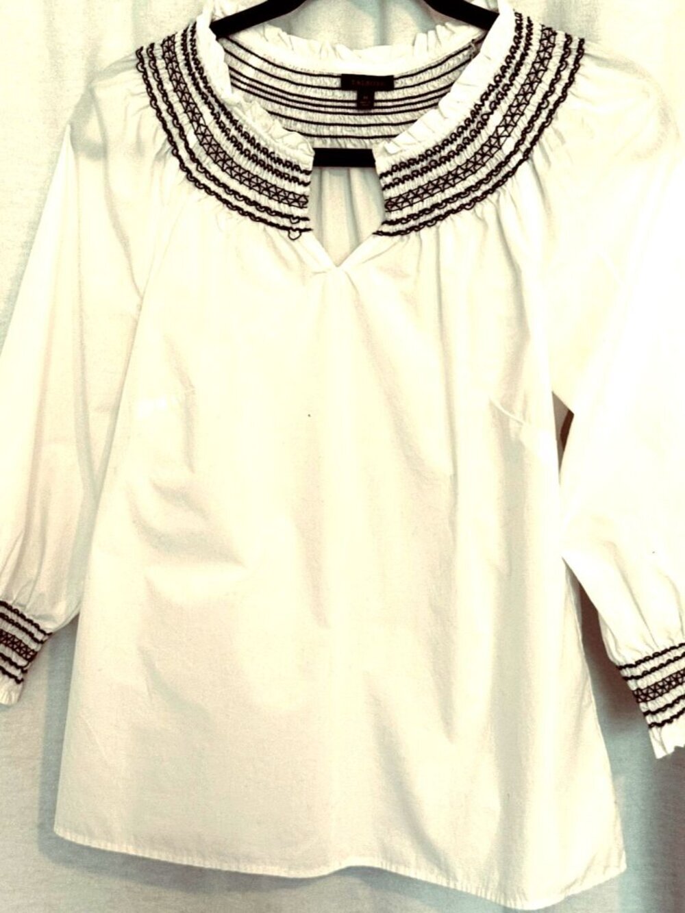 Talbots White with Black Smocking Dress shirt with 3/4 sleeves, Cotton Size 14.